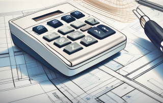 A calculator sitting on top of construction blueprints