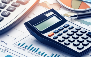 Moderne Rechner umgeben von Finanzdiagrammen und Grafiken fuer strategische Finanzplanung im Bauwesen, inklusive Modellhaus zur Betonung des Immobilienaspekts.