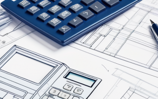 Moderne Rechner, Stift und Architekturblaupausen auf einem Buero-Schreibtisch, symbolisieren Finanzplanung im Bauwesen.