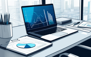 Modernes, helles Buero mit offenem Laptop, der Diagramme und Taschenrechner zeigt, umgeben von Architekturplaenen und einem digitalen Tablet, betont professionelles Umfeld fuer Finanzplanung im Bauwesen.