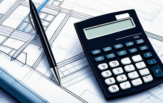 Moderner Taschenrechner auf Architekturblaupausen mit Stift, symbolisiert finanzielle Planung im Hausbau oder -kauf.
