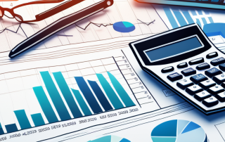 Moderner Taschenrechner umgeben von Finanzdiagrammen und Grafiken fuer Budgetberechnungen und Prognosen im Bauwesen.