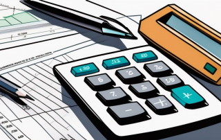 Rechner und Finanzdokumentenstapel symbolisieren die Berechnung der Gesamtkosten fuer Baufinanzierung, Planungs- und Budgetverwaltungswerkzeuge in Immobilienprojekten.