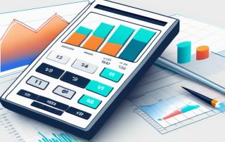 Modernes, benutzerfreundliches Interface eines Baufinanzierungsrechners mit Finanzstatistiken und Diagrammen fuer Immobilienkaufer, Design fuer einfache Navigation.