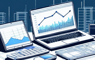 Digitale Geraete wie Smartphones, Tablets und Laptops zeigen Diagramme und Taschenrechner vor Architekturblaupausen und Hausmodellen zum Thema Baufinanzierungsvergleichswerkzeuge.