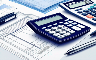 Bau Taschenrechner neben Architekturplaenen und Finanzdokumenten zur Hervorhebung wichtiger Vergleichsfaktoren