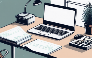 Ruhiges Home-Office Setup mit modernem Schreibtisch, Taschenrechner und Finanzdokumenten zur optimalen Finanzierungsplanung fuer Bau- oder Hypothekenzwecke.