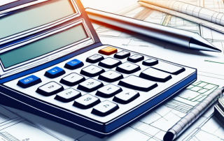 Detaillierte Benutzeroberflaeche eines Baufinanzierungsrechners auf einem Computerbildschirm, umgeben von Bauplaenen und einem Modellhaus, zur Planung und finanziellen Bewertung beim Hausbau.