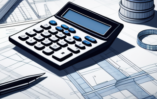 Rechner, Bauplaene und Modellhaus auf Schreibtisch, symbolisiert sorgfaeltige Finanzplanung und Budgetierung fuer den Hausbau.