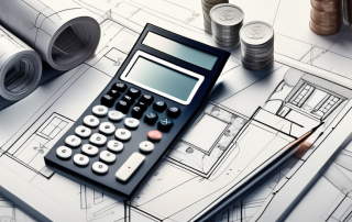 A calculator sitting on top of architectural blueprints