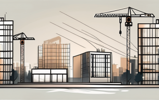 A construction site with a few buildings in various stages of development