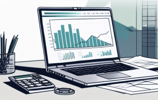 Modernes Buero mit silbernem Laptop offen auf Finanzanwendung, umgeben von Dokumenten mit Diagrammen und einem Taschenrechner, betont professionellen Ansatz in Finanzberechnungen.