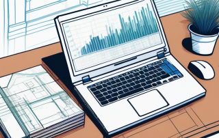 Moderne Notebook mit Finanzrechner und Wohnbau-Plaenen auf einem Schreibtisch, symbolisiert strategische Finanzplanung fuer zukuenftige Hausbesitzer.