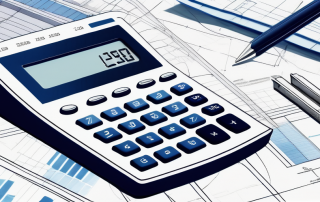 Moderner Taschenrechner umgeben von Bauplaenen und Finanzdokumenten fuer praezise Finanzplanung bei Bauvorhaben.