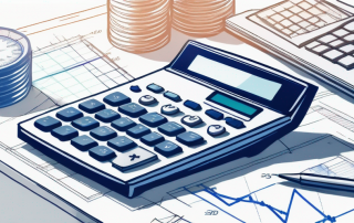 Moderner Arbeitsplatz mit Taschenrechner, Bauplaenen und Finanzdiagrammen fuer Immobilien- und Baufinanzierungsplanung.