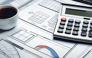 Moderner digitaler Taschenrechner neben Bauplaenen und architektonischen Zeichnungen fuer genaue Finanzplanung und Budgetverwaltung beim Hauskauf, mit sichtbaren Finanzdokumenten und Diagrammen zur Betonung einer gruendlichen Finanzanalyse.