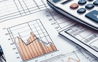 Rechner Nahaufnahme mit Stift und Papierdokumenten mit Diagrammen und Zahlen fuer fundierte Entscheidungen bei der Hausfinanzierung, sorgfaeltige Planung und Analyse.