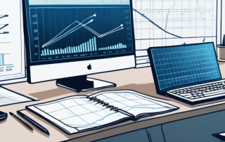 Digitale Geraete mit Finanzdiagrammen und Taschenrechnern auf modernem Schreibtisch, Architekturplaene im Hintergrund, wichtig fuer die Finanzierung eines Hauskaufs.