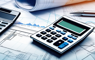Finanzrechner mit Diagrammen auf dem Bildschirm, Architekturplaene und Hausmodelle im Hintergrund zur Darstellung von Hypothekenfinanzierungsplanung.