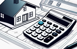 Nahaufnahme eines Taschenrechners, Modellhaus und Finanzdokumente zur Bewertung optimaler Finanzierungslösungen fuer Eigenheime.