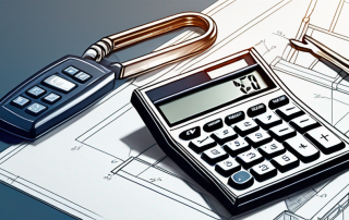 Moderner digitaler Taschenrechner und Hausschluessel auf einem Bauplan symbolisieren Werkzeuge fuer die Finanzierungsberechnung von Immobilien.