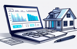 Interaktiver Online-Rechner auf Computerbildschirm mit Finanzdokumenten und Modellhaus zur Berechnung der Hauskaufkosten.