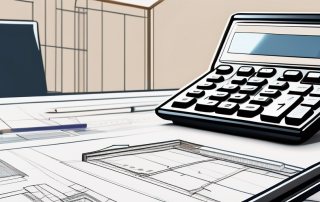 Digitaler Taschenrechner auf modernem Schreibtisch, umgeben von Bauplaenen und einem Modellhaus, symbolisiert die Planung und finanziellen Berechnungen beim Hauskauf.