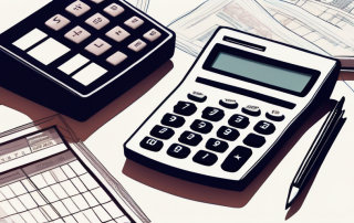 Moderner Taschenrechner auf einem Schreibtisch, umgeben von Finanzdokumenten und Hausmodellen zur Berechnung optimaler Hypothekenzinsen.