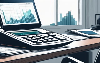Moderner, minimalistischer Arbeitsplatz mit Taschenrechner, Finanzdiagrammen und Hausmodell fuer strategische Hypothekenplanung zur Senkung von Zinssaetzen.
