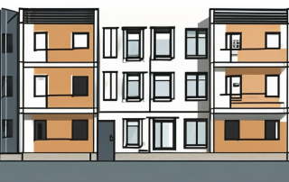 A newly constructed apartment building with a large