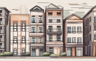 A detailed calculator surrounded by various architectural structures like houses and apartment buildings