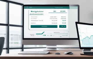 ALT-Tag: Interaktives Online-Hypothekenrechner-Interface auf einem Computerbildschirm in einem modernen Home-Office zur effizienten Verwaltung der Baufinanzierung.