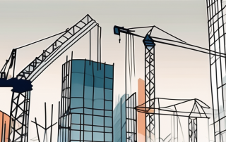 A construction site with rising graphs and charts integrated into the buildings and cranes