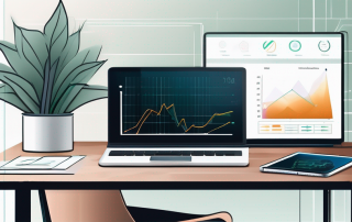 Modernes, minimalistisches Home-Office mit einem digitalen Tablet, das Grafiken und Daten anzeigt, stilvolle Bueroartikel und Zimmerpflanzen, finanzielle Planung und technologische Unterstuetzung.