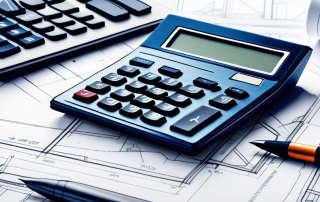Moderner Taschenrechner auf architektonischen Blaupausen mit Modellhaus und Stift fuer praezise Finanzplanung im Hausbau.