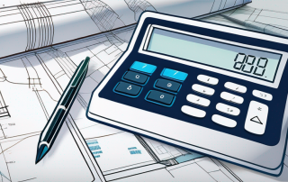 Online-Rechner fuer Baukredite auf Hintergrund von Bauplaenen und Finanzdokumenten, symbolisiert die Verbindung von Bauplanung und Finanzbudgetierung.