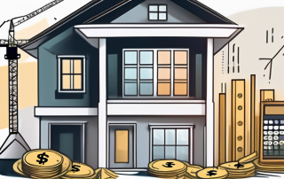 A house under construction with a calculator and various financial symbols like dollar signs and percentages floating around it