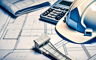 A calculator sitting on top of architectural blueprints