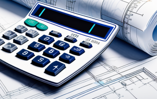 Rechner neben Architekturblaupausen fuer optimale Immobilienfinanzierung mit heller Beleuchtung und Praezision in der Finanzplanung.