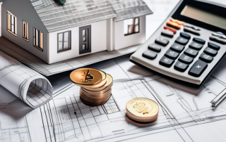 A calculator sitting on top of architectural blueprints
