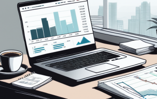 Schreibtisch mit modernem Laptop, Finanzdokumenten und Kaffeetasse, ideal fuer die Analyse von Online-Hypothekenrechnern.