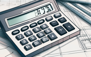 A calculator sitting on top of architectural blueprints