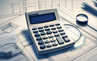 A calculator sitting on blueprints for a house