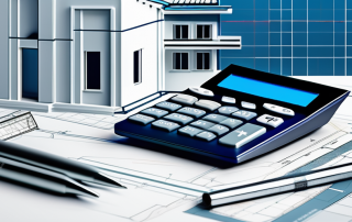 Moderner Taschenrechner neben Architekturblaupausen und einem Modellhaus zur Veranschaulichung praeziser Finanzplanung fuer Baukredite mit lebendigen Grafiken fuer einfache Hypothekenberechnungen.