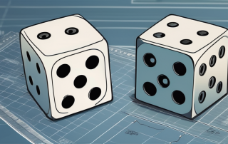 A pair of dice rolling on a blueprint of a house