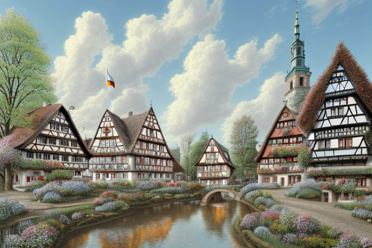 A quaint german village with a prominent town hall in the center