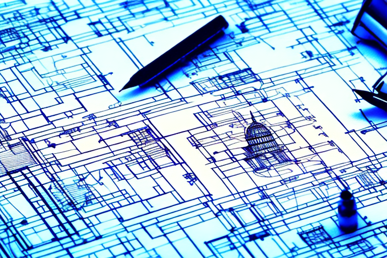 A construction blueprint with a pen and a stamp