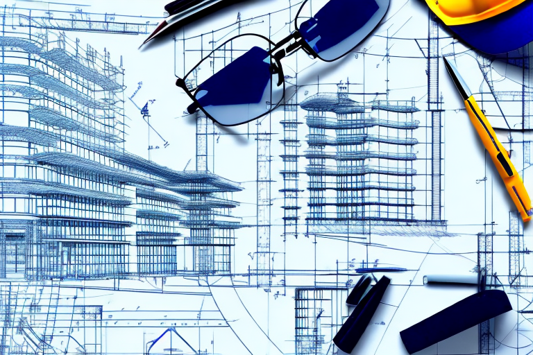 A construction blueprint with a pen and hard hat on a table