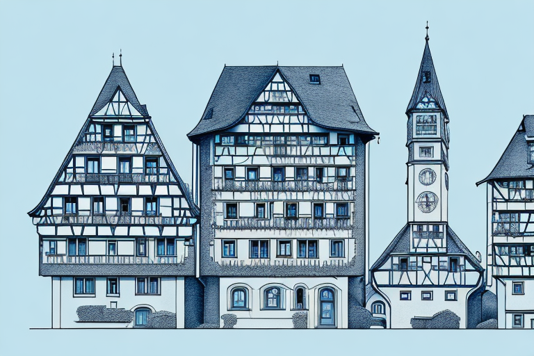 A small german village with architectural blueprints superimposed over it