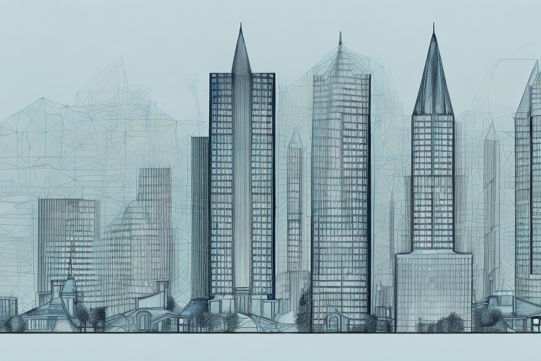 A cityscape of legau with highlighted architectural structures and a blueprint with a stamp of approval to represent the successful submission of a building application